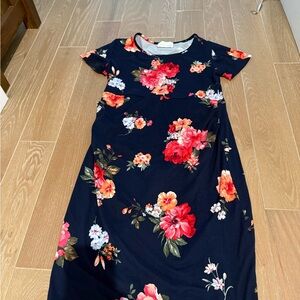 French Grey Navy Floral Maternity Midi Dress with Red & Orange Blooms